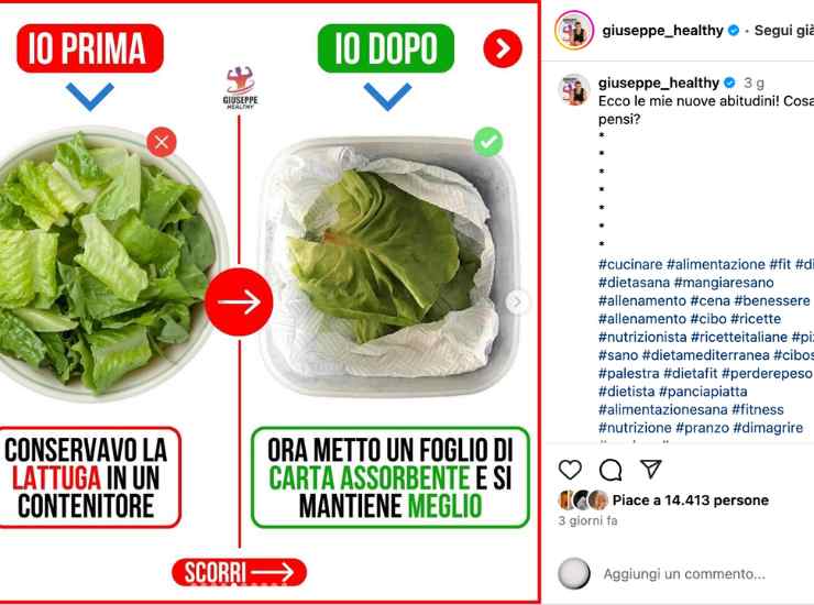 Metodo del tovagliolo per la lattuga - iFood.it (Fonte foto Insisgram @giuseppe_healthy)